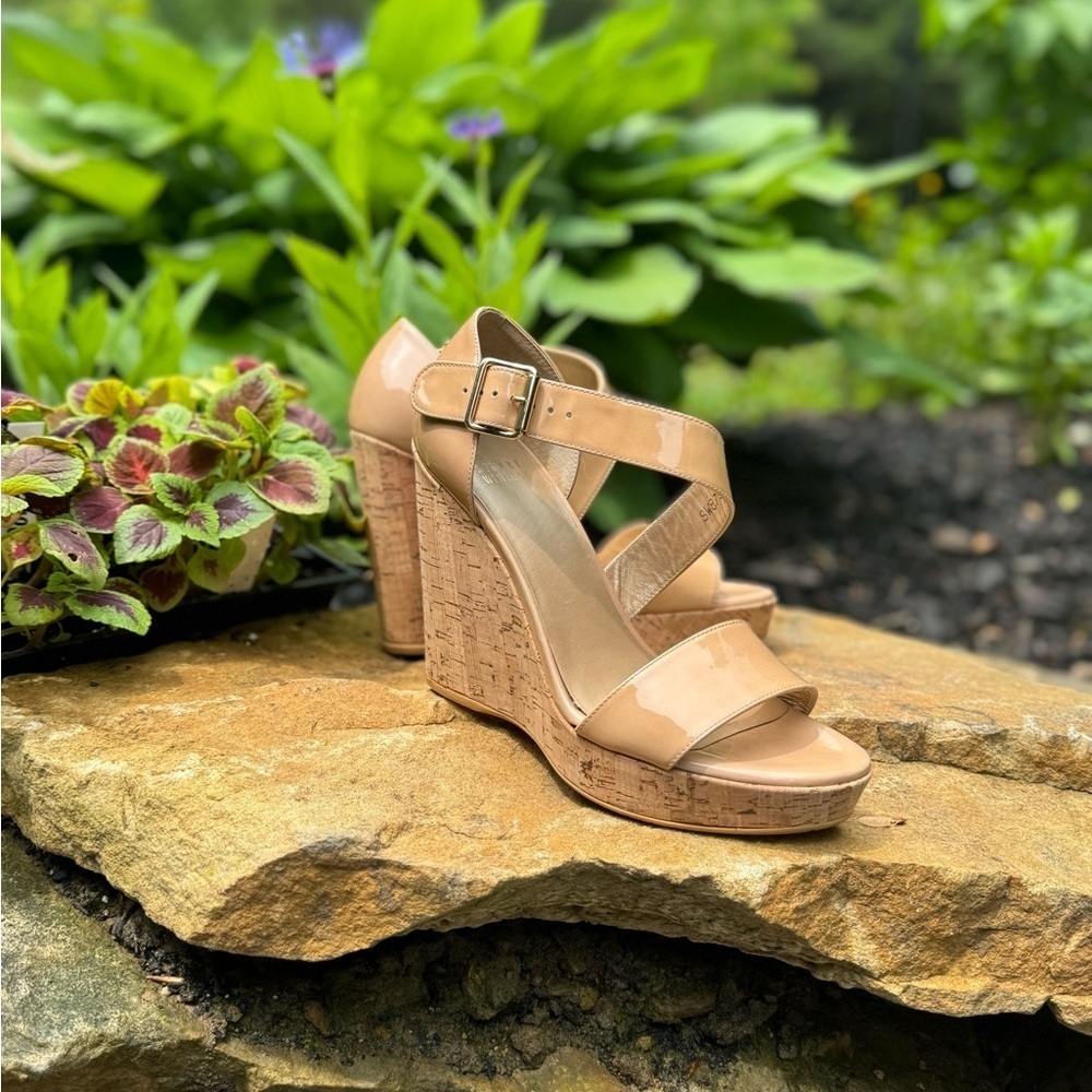 Stuart Weitzman Nude Patent Cork Wedge Sandals